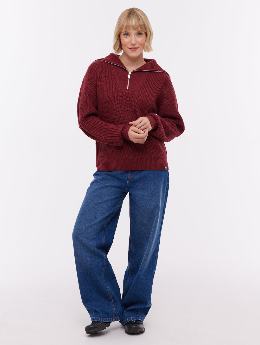 Audreena Red BU028 Knit 1/4 Zips Oversized Collar Shot 2