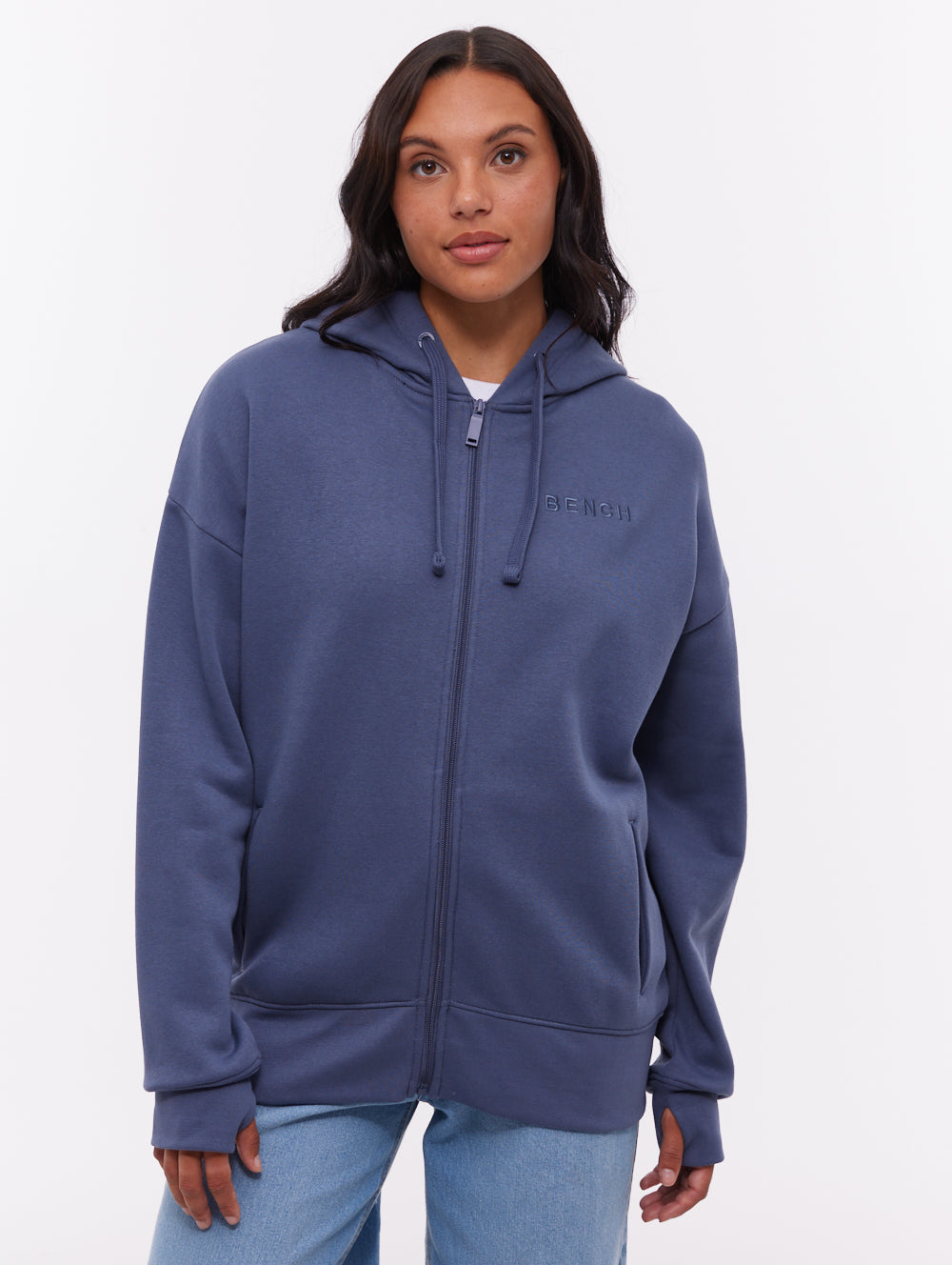 Temra chandail à capuchon zippé avec logo au dos - Bleu