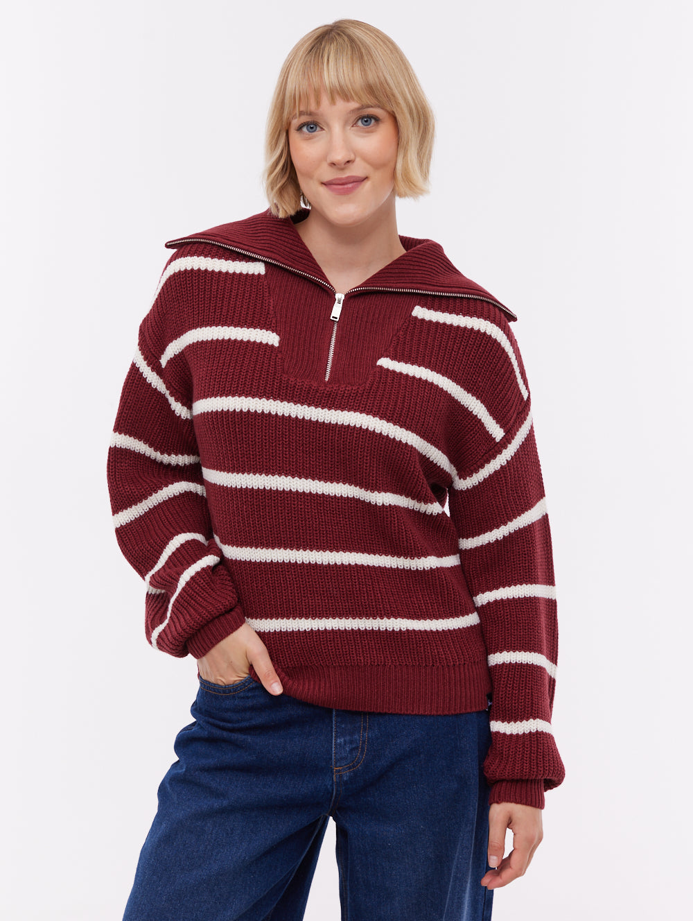 Margita chandail rayé demi-zip à col montant - Rouge