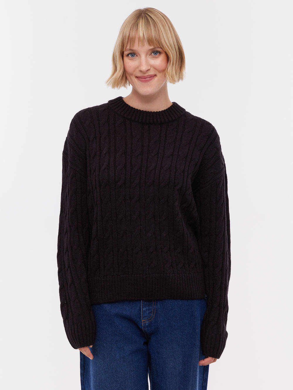 Cable Knit Black Women's Crew Neck Sweater Chanice Cable Knit